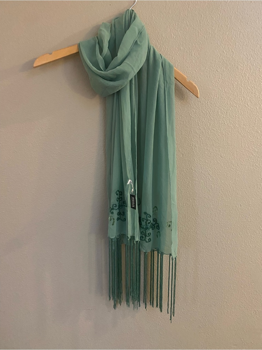 NWT Bijoux Terner Mint Sage Green Beaded Fringe Shawl Scarf Wrap